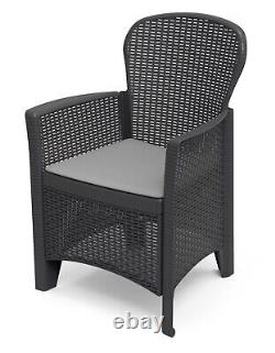 1 2 FOLIA Plastic Garden Arm Chair Cushioned Seat Rattan Look Outdoor Furniture