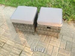 2 PCS Small Rattan Footstool With Cushion Grey Patio Garden Furniture