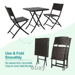 3 PCS Folding Bistro Set Garden Patio Rattan Table & 2 Chairs Set Furniture