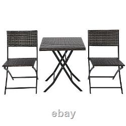 3 PCS Folding Bistro Set Garden Patio Rattan Table & 2 Chairs Set Furniture