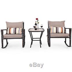 3 PCS Rattan Garden Furniture Bistro Set Rocking Chairs Coffee Table Cushions