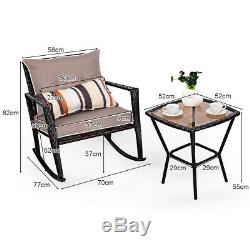 3 PCS Rattan Garden Furniture Bistro Set Rocking Chairs Coffee Table Cushions