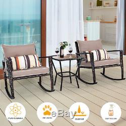 3 PCS Rattan Garden Furniture Bistro Set Rocking Chairs Coffee Table Cushions