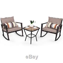 3 PCS Rattan Garden Furniture Bistro Set Rocking Chairs & Dinning Coffee Table