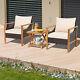 3 Pcs Patio Garden Rattan Furniture Set Solid Wood Frame Wicker Chair Table Set