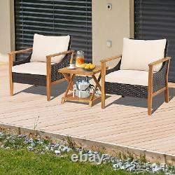 3 Pcs Patio Garden Rattan Furniture Set Solid Wood Frame Wicker Chair Table Set