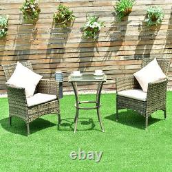 3 Piece Garden Furniture Set Patio Rattan Wicker Cushioned Chairs With Glass Table