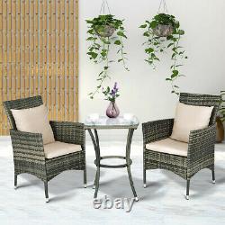 3 Piece Garden Furniture Set Patio Rattan Wicker Cushioned Chairs With Glass Table