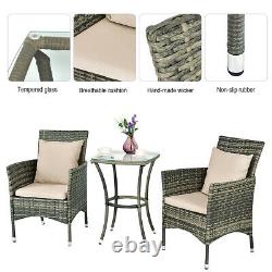 3 Piece Garden Furniture Set Patio Rattan Wicker Cushioned Chairs With Glass Table