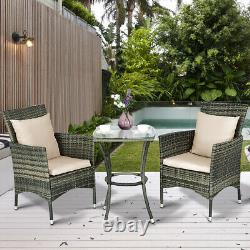 3 Piece Garden Furniture Set Patio Rattan Wicker Cushioned Chairs With Glass Table