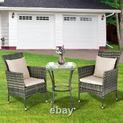 3 Piece Garden Furniture Set Patio Rattan Wicker Cushioned Chairs With Glass Table