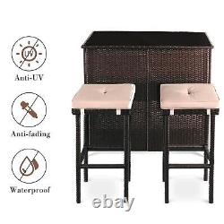 3 Piece Garden Patio Rattan Wicker Bar Table 2 Stool Chairs Bistro Furniture Set