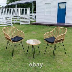 3 Piece Natural Rattan Bistro Set Table & Chairs Outdoor/Patio Garden Furniture