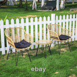 3 Piece Natural Rattan Bistro Set Table & Chairs Outdoor/Patio Garden Furniture