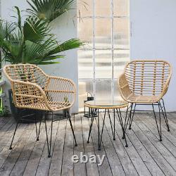 3 Piece Natural Rattan Bistro Set Table & Chairs Outdoor/Patio Garden Furniture
