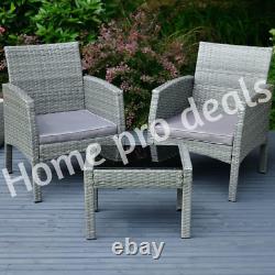 3 Piece Rattan Garden Furniture Outdoor Set Bistro Table and Chairs Patio Grey