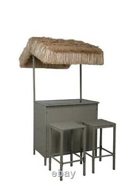 3 Piece Rattan Tiki Bar & 2 Stool Set w Tropical Canopy Garden Furniture Grey