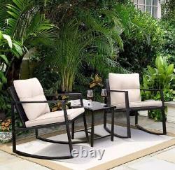 3 Piece Rocking Rattan Bistro Patio Garden Furniture Set 1 Table & 2 Chairs