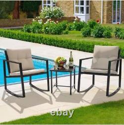 3 Piece Rocking Rattan Bistro Patio Garden Furniture Set 1 Table & 2 Chairs