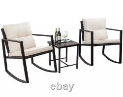 3 Piece Rocking Rattan Bistro Patio Garden Furniture Set 1 Table & 2 Chairs