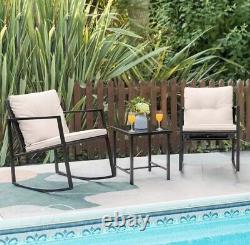 3 Piece Rocking Rattan Bistro Patio Garden Furniture Set 1 Table & 2 Chairs