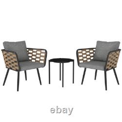 3 Pieces Rattan Bistro Set, Wicker Garden Furniture Set with Cushions, Black