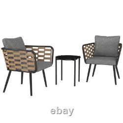 3 Pieces Rattan Bistro Set, Wicker Garden Furniture Set with Cushions, Black