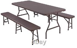 3 Pieces Rattan Foldable Garden Outdoor Picnic Camping Table & Bench Furniture