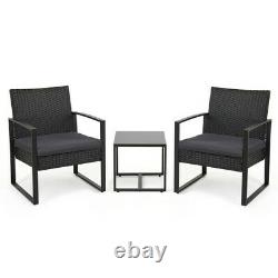 3PC Black Rattan Garden Furniture Bistro Set Chair Table Patio Outdoor Wicker