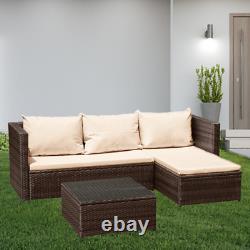 3PCs Brown Garden Rattan Set Outdoor Wicker Patio Furniture Bench Sofa & Table
