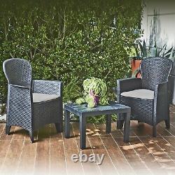 3Pc Cushioned Black Rattan Outdoor Garden Furniture Table Chair Conversation Set