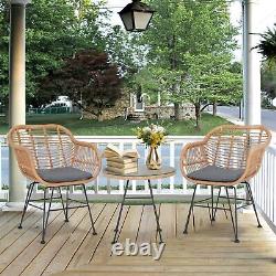 3Pcs Garden Bistro Table & Chairs Set Outdoor PE Rattan Conversation Furniture