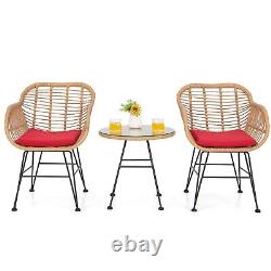 3Pcs Garden Bistro Table & Chairs Set Outdoor PE Rattan Conversation Furniture