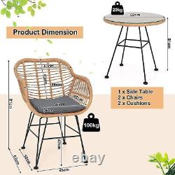 3Pcs Garden Bistro Table & Chairs Set Outdoor PE Rattan Conversation Furniture