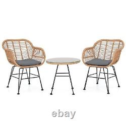 3Pcs Garden Bistro Table & Chairs Set Outdoor PE Rattan Conversation Furniture