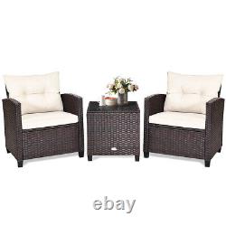 3Pcs Outdoor Conversation Set Garden Furniture Patio Rattan Sofa Table Set White