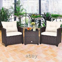 3Pcs Outdoor Conversation Set Garden Furniture Patio Rattan Sofa Table Set White