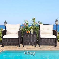 3Pcs Outdoor Conversation Set Garden Furniture Patio Rattan Sofa Table Set White