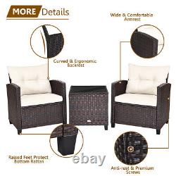 3Pcs Outdoor Conversation Set Garden Furniture Patio Rattan Sofa Table Set White