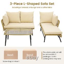 3Pcs Outdoor Garden Wicker Furniture Set L-Shaped Metal Frame Sofa Table Set