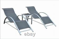3pc Black Ergonomic Sun Lounger Set + Side Table Chaise Outdoor Garden Furniture