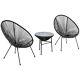3pc Rattan String Chairs & Round Glass Table Garden Outdoor Furniture Black Grey