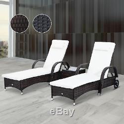 3pc Rattan Sun Lounger Wicker Day Bed Table Reclining Garden Patio Furniture