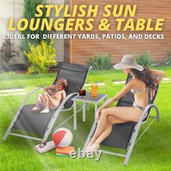 3pc Sun Lounger Set Outdoor Furniture Side Table Garden Patio Back Chaise Seats