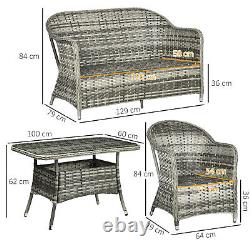 4 PCS Rattan Garden Furniture, Padded Conversation Sofa Set with Glass Top Table