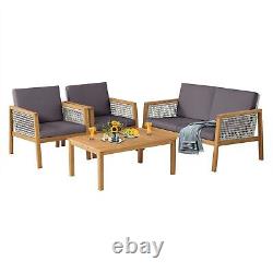 4-Piece Garden Wicker Patio Furniture Set Outdoor Acacia Wood Conversation Set