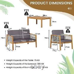 4-Piece Garden Wicker Patio Furniture Set Outdoor Acacia Wood Conversation Set