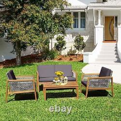 4-Piece Garden Wicker Patio Furniture Set Outdoor Acacia Wood Conversation Set