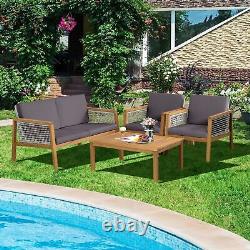 4-Piece Garden Wicker Patio Furniture Set Outdoor Acacia Wood Conversation Set