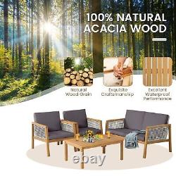 4-Piece Garden Wicker Patio Furniture Set Outdoor Acacia Wood Conversation Set